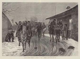 Ryska soldater går in i en turkisk by, en skiss under det sena kriget